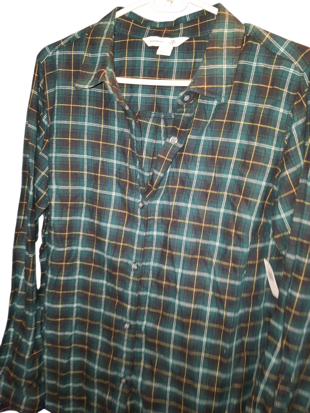 Old Navy Dark Green Plaid Button-Down Shirt with Yellow Accents